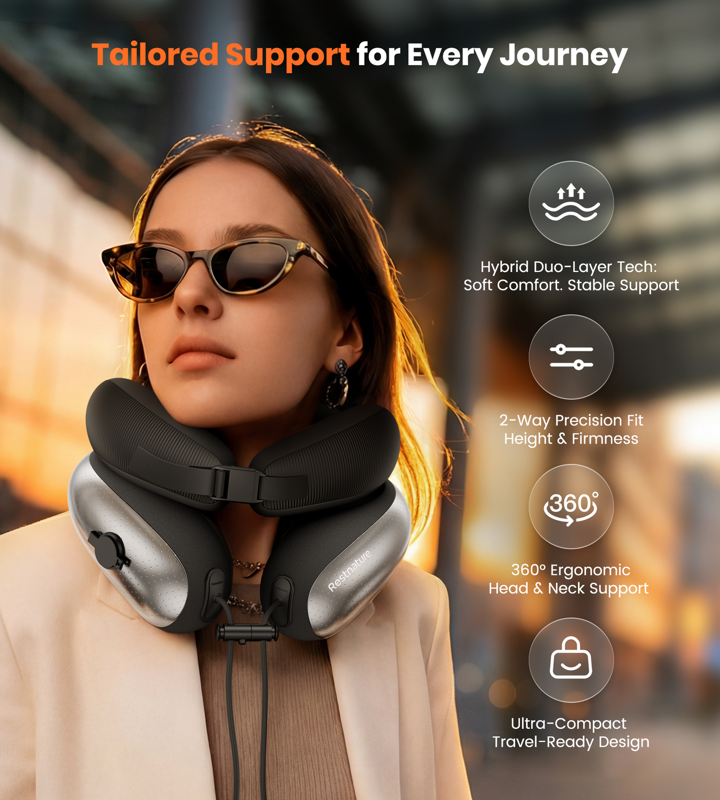 Neck Pillow for Traveling, Travel Pillows for Airplanes, Adjustable Neck Pillow Airplane Travel Essentials - Patented | Inflatable Loop & Memory Foam for 360° Ergonomic Support (Basic-Black)